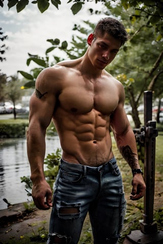 solo, looking at viewer, short hair, black hair, 1boy, standing, nipples, male focus, outdoors, long_jeans, day, blurry, tree, muscular, blurry background, facial hair, abs, pectorals, muscular male, topless male, realistic, brown_skin, narrow_waist, long_legs,Portrait,Pectoral Focus,Nice legs and hot body, long legs,Muscle 