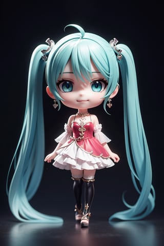 ((1 female)), Hatsune Miku, petite girl, full body, chibi, 3D figure little girl, green hair, twintails, beautiful girl with attention to detail, beautiful delicate eyes, detailed face, beautiful eyes,embroidery, accessories, necklace, earrings, reflection, evil grin,   red dress, frills, detached sleeves, frilled choker, , jewelrydetail, dynamic beautiful pose, dynamic pose, gothic architecture, natural light, ((real)) Quality: 1.2 )), Dynamic Distance Shot, Cinematic Lighting, Perfect Composition, Super Detail, Official Art, Masterpiece, (Best) Quality: 1.3), Reflections, High Resolution CG Unity 8K Wallpaper , Detailed Background, Masterpiece, ( Photorealistic): 1.2), random angle, side angle, chibi, whole body, mikdef,wrenchfaeflare