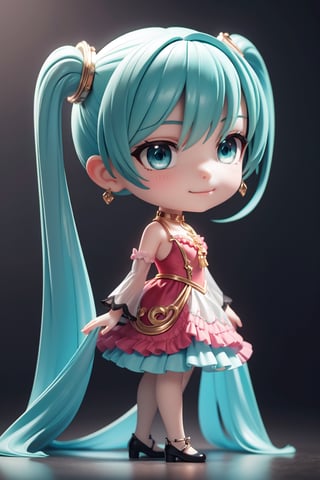 ((1 female)), Hatsune Miku, petite girl, full body, chibi, 3D figure little girl, green hair, twintails, beautiful girl with attention to detail, beautiful delicate eyes, detailed face, beautiful eyes,embroidery, accessories, necklace, earrings, reflection, evil grin,   red dress, frills, detached sleeves, frilled choker, , jewelrydetail, dynamic beautiful pose, dynamic pose, gothic architecture, natural light, ((real)) Quality: 1.2 )), Dynamic Distance Shot, Cinematic Lighting, Perfect Composition, Super Detail, Official Art, Masterpiece, (Best) Quality: 1.3), Reflections, High Resolution CG Unity 8K Wallpaper , Detailed Background, Masterpiece, ( Photorealistic): 1.2), random angle, side angle, chibi, whole body, mikdef,wrenchfaeflare