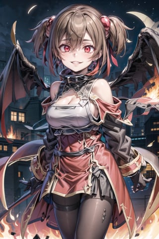 ((best quality)),  ((highly detailed)),  masterpiece,  ((official art)), (kirito_ggo, long hair, hair_between_eyes, black hair),  ultra-detailed,1girl, night, dress, breasts, clothing cutout, solo, cleavage cutout, standing, cleavage, smile, fire,, looking at viewer,  feather boa, sleeveless, bare shoulders, covered navel, jewelry, earrings, pantyhose, gloves, large breasts, red dress, chinese clothes,  black legwear,polearm, brown legwear, off shoulder, pelvic curtain, fur collar, long breasts,, parted lips, long sleeves, side slit, lips, evil smile, evil girl,crazy,dynamic poseeyes,Silica_SAO,edgGesugao