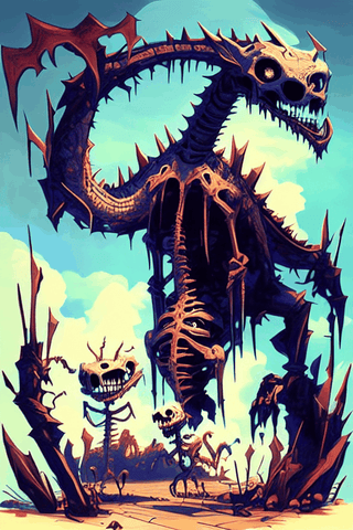 king of the dead with a big skeletal dragon walking behind him