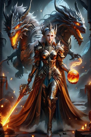 Detailed Elven woman sorceress in a magic robe and leather armour casting fireballs on a dragon in an underground dungeon, fantastical, unreal engine, splash colours, magical 