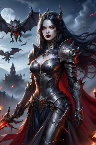A starry night, with a battlefield in the background scattered with weapons and smoldering embers. Bats fly in the sky. In the foreground stands alone a beautiful and realistic vampire woman with long black hair and red lipstick, vampire teeth. She wears a dress with silver and red armor, looking straight ahead with confidence.