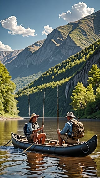 A primitive couple sitting on a large raft on a large river, catching fish with a fishing pole.

Ultra-clear, Ultra-detailed, ultra-realistic, Distant view. full body shot