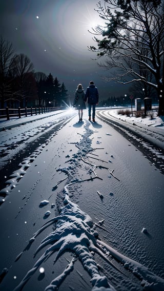 Wonderful Winter wonderland, SNOWY landscape, with a lovely lover couple walking away holding hands. (SNOWING:1.5) (SNOWY ROAD footsteps:1.3), SNOWY TREES, (GREY SKY:1.5), warm_lights, NO_sunshine, masterpiece, ultra realistic, 16K, Optimize for a visually stunning composition best quality, masterpiece, beautiful and aesthetic, 16K, (HDR:1.4), high contrast, bokeh:1.2, lens flare, (vibrant color:1.4), (muted colors, dim colors, soothing tones:0), Exquisite details and textures, cinematic shot, Warm tone, Ultra-realistic dynamic angle, masterpiece, ultra realistic illustration, siena natural ratio, anime style, dynamic pose, ultra-detailed environment, ultra-detailed background, WHITE THEME particles, intricate details, atmospheric lighting, dark lighting, ambient occlusion, stunning, award winning illustration, sharp focus, uhd, hdr, Masterpiece, high quality, ,snow_scene_background
