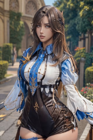 photorealistic, masterpiece, best quality, raw photo, 1girl, solo, long hair, brown hair, detailed face, alluring face, collared shirt, medium breasts, dynamic pose, looking at viewer, detailed background, fine detailed, intricate detail,  ray tracing, depth of field, low key, hdr