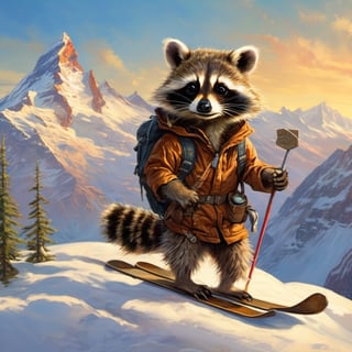 Hyper-detailed  painting, Jean-Baptiste Monge style, one cuteA small, cute raccoon A small, cute raccoon is skiing on the Matterhorn; he looks absolutely happy., glittering, cute and adorable, filigree, day light, fluffy, magic, surreal, fantasy, digital art, ultra hd, hyper-realistic illustration, vivid colors, day-light,greg rutkowski