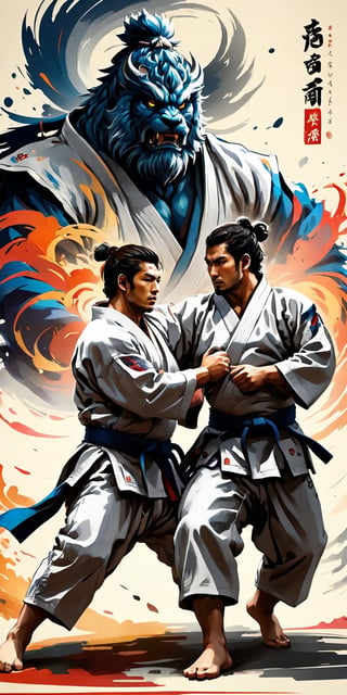 full-body picture .Generate hyper realistic image of an ancient scroll featuring an ink wash painting of ((2men in white Judo uniforms, fighting against each other, practicing a judo throw=kata guruma,))  surrounded by traditional brushstroke elements, creating an evocative piece reminiscent of classical Asian art, Movie Poster,Movie Poster, sharp focus, intense colors, vibrant colors, chromatic aberration,MoviePosterAF, UHD, 8K,oil paint,painting,chinese ink drawing,warrrior,ink ,oil painting,DonM3l3m3nt4lXL,style