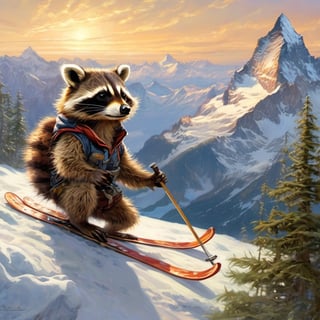 Hyper-detailed  painting, Jean-Baptiste Monge style, one cuteA small, cute raccoon A small, cute raccoon is skiing on the Matterhorn; he looks absolutely happy., glittering, cute and adorable, filigree, day light, fluffy, magic, surreal, fantasy, digital art, ultra hd, hyper-realistic illustration, vivid colors, day-light,greg rutkowski