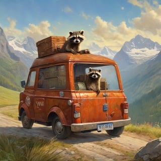Hyper-detailed  painting, Jean-Baptiste Monge style, A small, cute raccoon travels through the Swiss mountains as a mail carrier in a vintage delivery van, wearing a Swiss postal uniform, glittering, cute and adorable, filigree, day light, fluffy, magic, surreal, fantasy, digital art, ultra hd, hyper-realistic illustration, vivid colors, day-light,greg rutkowski