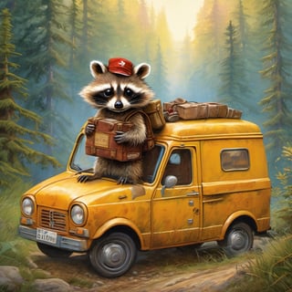 Hyper-detailed  painting, Jean-Baptiste Monge style, one cute small, cute raccoon is the postman an carries packages with an oldtimer van in the swiss mountains, glittering, cute and adorable, filigree, day light, fluffy, magic, surreal, fantasy, digital art, ultra hd, hyper-realistic illustration, vivid colors, day-light,greg rutkowski