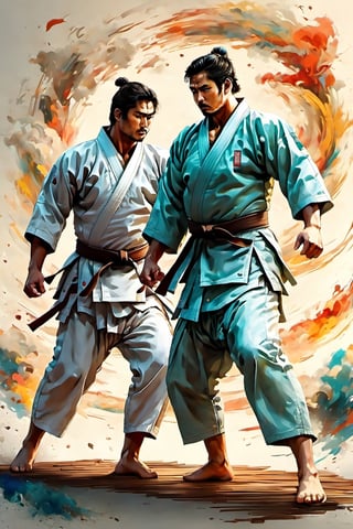 full-body picture .Generate hyper realistic image of an ancient scroll featuring an ink wash painting of ((2 different men in white Judo uniforms, fighting against each other, practicing a judo throw=kata guruma,))  surrounded by traditional brushstroke elements, creating an evocative piece reminiscent of classical Asian art, Movie Poster,Movie Poster, sharp focus, intense colors, vibrant colors, chromatic aberration,MoviePosterAF, UHD, 8K,oil paint,painting,chinese ink drawing,warrrior,ink ,oil painting,DonM3l3m3nt4lXL,style