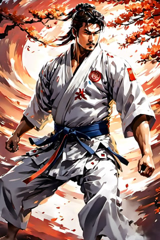 full-body picture .Generate hyper realistic image of an ancient scroll featuring an ink wash painting of ((2 men in white Judo uniforms, one european man, one asian man, fighting , practicing judo ))  surrounded by traditional brushstroke elements, creating an evocative piece reminiscent of classical Asian art, Movie Poster,Movie Poster, sharp focus, intense colors, vibrant colors, chromatic aberration,MoviePosterAF, UHD, 8K,oil paint,painting,chinese ink drawing,warrrior,ink ,oil painting,DonM3l3m3nt4lXL,style