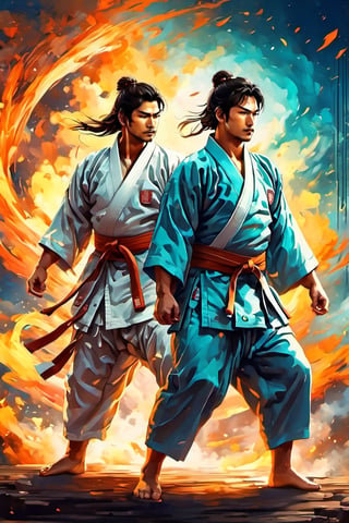 full-body picture .Generate hyper realistic image of an ancient scroll featuring an ink wash painting of ((2 different men in white Judo uniforms, one european, one asian, fighting against each other, practicing a judo throw=kata guruma,))  surrounded by traditional brushstroke elements, creating an evocative piece reminiscent of classical Asian art, Movie Poster,Movie Poster, sharp focus, intense colors, vibrant colors, chromatic aberration,MoviePosterAF, UHD, 8K,oil paint,painting,chinese ink drawing,warrrior,ink ,oil painting,DonM3l3m3nt4lXL,style