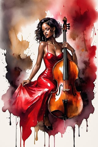 
oil paint, ,style pierre farel style cuba series,1 melanin girl, big breasts, black hair, dress, cleavage, dark skin, formal, red dress, instrument, faceless, , girl is playing 1contrabass, female is very sexy dressed and very senusal, rihanna
