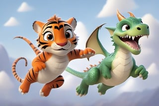 young pixar style,tiger, like a karate warrior, flying through the air, fighting against a disney dragon ,Disney pixar style
