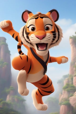 disney style,tiger, like a karate warrior, flying through the air 