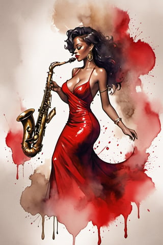 
oil paint, ,style pierre farel style cuba series,1 melanin girl, big breasts, black hair, dress, cleavage, dark skin, formal, red dress, instrument, faceless, , girl is playing 1sax, female is very sexy dressed and very senusal, rihanna
