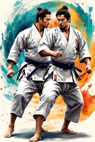 full-body picture .Generate hyper realistic image of an ancient scroll featuring an ink wash painting of ((2men in white Judo uniforms, fighting against each other, practicing a judo throw=kata guruma,))  surrounded by traditional brushstroke elements, creating an evocative piece reminiscent of classical Asian art, Movie Poster,Movie Poster, sharp focus, intense colors, vibrant colors, chromatic aberration,MoviePosterAF, UHD, 8K,oil paint,painting,chinese ink drawing,warrrior,ink ,oil painting,DonM3l3m3nt4lXL,style
