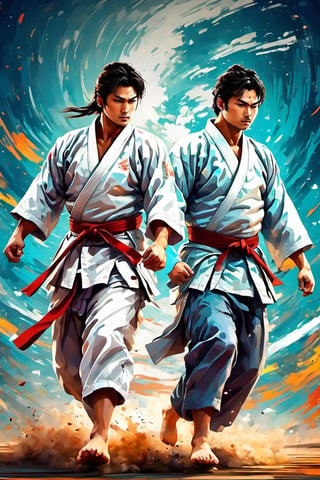 full-body picture .Generate hyper realistic image of an ancient scroll featuring an ink wash painting of ((2 men in white Judo uniforms, one european man, one asian man, fighting against each other, practicing a judo throw=kata guruma,))  surrounded by traditional brushstroke elements, creating an evocative piece reminiscent of classical Asian art, Movie Poster,Movie Poster, sharp focus, intense colors, vibrant colors, chromatic aberration,MoviePosterAF, UHD, 8K,oil paint,painting,chinese ink drawing,warrrior,ink ,oil painting,DonM3l3m3nt4lXL,style