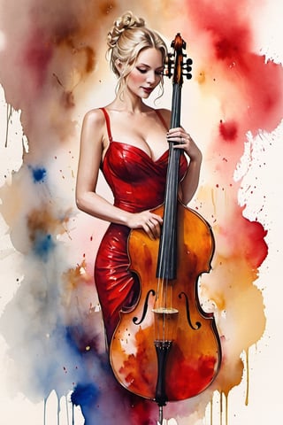 
oil paint, ,style pierre farel style cuba series,1 swedish girl, big breasts, blonde hair, dress, cleavage, white skin, formal, red dress, instrument, faceless, , girl is playing 1contrabass, female is very sexy dressed and very senusal