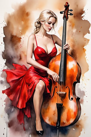 
oil paint, ,style pierre farel style cuba series,1 swedish girl, big breasts, blonde hair, dress, cleavage, white skin, formal, red dress, instrument, faceless, , girl is playing 1contrabass, female is very sexy dressed and very senusal