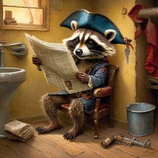 Hyper-detailed  painting, Jean-Baptiste Monge style, one cute little racoon sitting on the toilette and reading the newspaper,  wearing a pirate hat, glittering, cute and adorable, filigree, day light, fluffy, magic, surreal, fantasy, digital art, ultra hd, hyper-realistic illustration, vivid colors, day-light,greg rutkowski