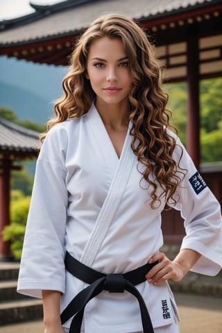 Side view of a very beautiful girl with long brunette curly hair and blue eyes, in an japanese Temple. (((her full body is visible))). She turns her face towards the viewer. Making eye contact. Her long hair is  partially covering her body. She is wearing torn white judo uniform, black belt.  The background is a japanese temple in front of fuji mountain (japan), sultry perfect body, big cleavage, realistic belt, realistic judo uniform
,photorealistic:1.3, best quality, masterpiece,heather lockhair ,aw0k euphoric style,A girl dancing, 
