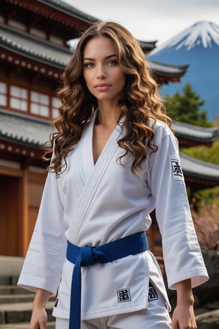 Side view of a very beautiful girl with long brunette curly hair and blue eyes, in an japanese Temple. (((her full body is visible))). She turns her face towards the viewer. Making eye contact. Her long hair is  partially covering her body. She is wearing torn white judo uniform, black belt.  The background is a japanese temple in front of fuji mountain (japan), sultry perfect body, big cleavage, realistic belt, realistic judo uniform
,photorealistic:1.3, best quality, masterpiece,MikieHara,aw0k euphoric style,A girl dancing, megan fox