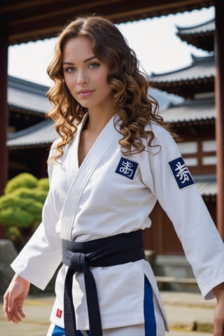 Side view of a very beautiful girl with long brunette curly hair and blue eyes, in an japanese Temple. (((her full body is visible))). She turns her face towards the viewer. Making eye contact. Her long hair is  partially covering her body. She is wearing torn white judo uniform, black belt.  The background is a japanese temple in front of fuji mountain (japan), sultry perfect body, big cleavage, realistic belt, realistic judo uniform
,photorealistic:1.3, best quality, masterpiece,MikieHara,aw0k euphoric style,A girl dancing, jenifer lopez