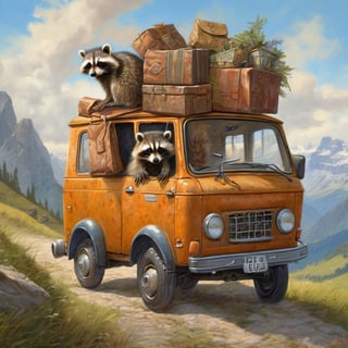 Hyper-detailed  painting, Jean-Baptiste Monge style, one cute small, cute raccoon is the postman an carries packages with an oldtimer van in the swiss mountains, glittering, cute and adorable, filigree, day light, fluffy, magic, surreal, fantasy, digital art, ultra hd, hyper-realistic illustration, vivid colors, day-light,greg rutkowski
