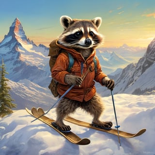 Hyper-detailed  painting, Jean-Baptiste Monge style, one cuteA small, cute raccoon A small, cute raccoon is skiing on the Matterhorn; he looks absolutely happy., glittering, cute and adorable, filigree, day light, fluffy, magic, surreal, fantasy, digital art, ultra hd, hyper-realistic illustration, vivid colors, day-light,greg rutkowski