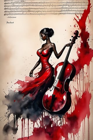 
oil paint, ,style pierre farel style cuba series,1girl, breasts, black hair, 1boy, dress, cleavage, dark skin, formal, red dress, instrument, faceless, faceless male, male is playing 1contrabass, the female is cheering him, 