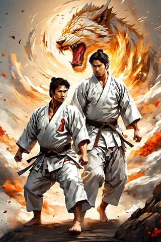 full-body picture .Generate hyper realistic image of an ancient scroll featuring an ink wash painting of ((2 men in white Judo uniforms, one european man, one asian man, fighting , practicing judo ))  surrounded by traditional brushstroke elements, creating an evocative piece reminiscent of classical Asian art, Movie Poster,Movie Poster, sharp focus, intense colors, vibrant colors, chromatic aberration,MoviePosterAF, UHD, 8K,oil paint,painting,chinese ink drawing,warrrior,ink ,oil painting,DonM3l3m3nt4lXL,style