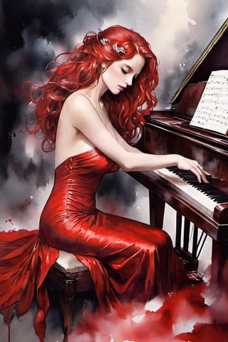 
oil paint, ,style pierre farel style cuba series,1 irish girl, big breasts, long open red hair, dress, cleavage, white skin, formal, red dress, instrument, faceless, , girl is playing 1grand piano, female is very sexy dressed and very senusal, 

