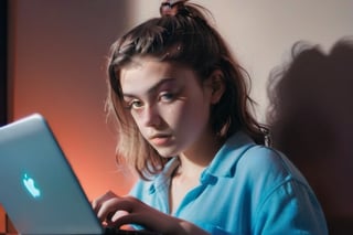 1girl, ready to study, splash detailed, surreal dramatic lighting shadow (lofi, analog), kodak film by Brandon Woelfel Ryan McGinley, moment eyes, beautiful face , mid body, looking at her laptop, lateral view