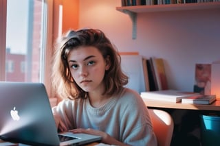 1girl , sitting in her studying desk, starring at her laptop, (lofi, analog), kodak film by Brandon Woelfel Ryan McGinley, moment eyes, beautiful face , mid body,