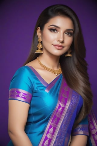 Beautiful indian woman wearing a saree analog photograph, saree clolor is blue and purple, professional fashion photoshoot, hyperrealistic, masterpiece, trending on artstation,krrrsty