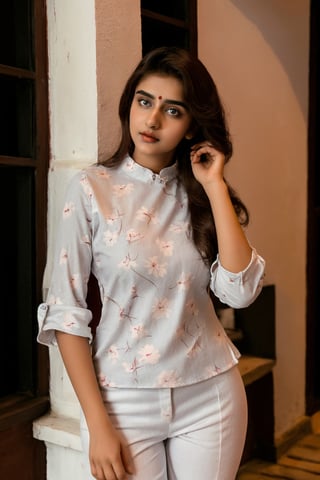 beautiful cute young attractive indian teenage girl, village girl, 21 years old,cute, instagram model, realstic face, dacing, red top, white pant, indian, rose in hair, with kitten