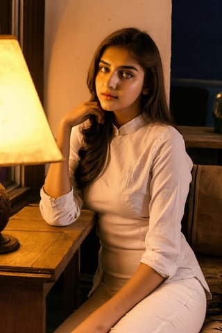 beautiful cute young attractive indian teenage girl, village girl, 21 years old,cute, instagram model, realstic face, dacing, red top, pink pant, indian, rose in hair, studing near lamp at night,