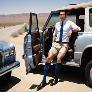 1guy, full body, over the calf socks with blue vertical stripe,  kneehigh, car door opened, in the america desert, wearing shorts, eye level view, french with black hair, RAW, realistic, soft lighting, elbow hanging on the 4WD window, brown shiny loafers, double cuffed shirt, luxurious watch, amercian road sign along the expressway, 4WD front open and engine steaming, large bulge, smile, 175cm tall,necktie