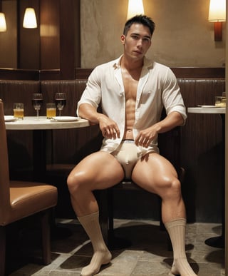 modern, RAW, photorealistic,Masterpiece, 1guy, brown vertical strip socks,Movie Still, full body portrait, Hong Kong,men, sitting in the restaurant, wearing shorts, soft lighting, hairy legs, talking to other men, over the calf socks, beige long socks, young men in 20s, underwear, open shirt