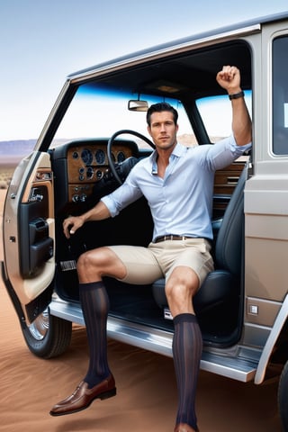 1guy, full body, over the calf socks with blue vertical stripe,  kneehigh, car door opened, in the america desert, wearing shorts, eye level view, Scandinavian young man with black hair, RAW, realistic, soft lighting, elbow hanging on the 4WD window, brown shiny loafers, double cuffed shirt, luxurious watch, amercian road sign, 4WD front open and engine steaming, soft lighting,men