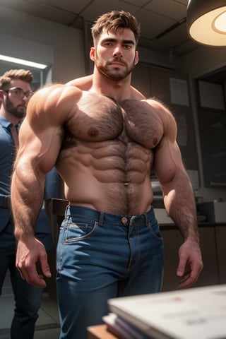 ((male only)), ((natural body hair)), (handsome big eyes), 4k definition, 
"Those two beautiful, nerdy men are negotiating us to safety using the power of math.",(1man),best quality,muscular,brown eyes