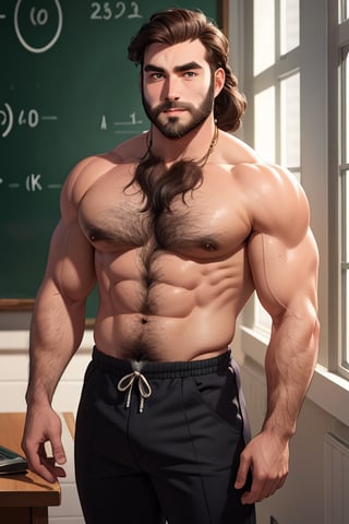 ((male only)), ((natural body hair)), (handsome big eyes), 4k definition, 
"Those two beautiful, nerdy men are negotiating us to safety using the power of math.",(1man),best quality,muscular,brown eyes