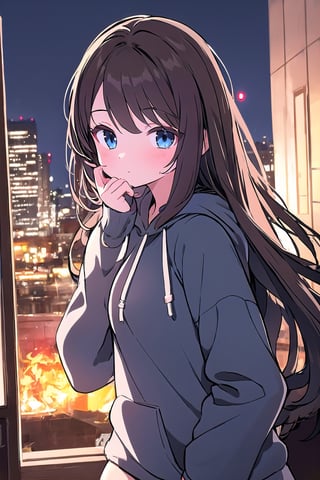 hd, HDR, UHD, 4k, 2k, 6k, 8k, ultra HD, high graphics, best graphics, highest quality, best quality, ultra quality, stunning details, adult, 1girl, dark brown hair, long hair, bushy hair, dark blue eyes, long dark brown hair, wearing all black drawstring hoodie, bushy hair,