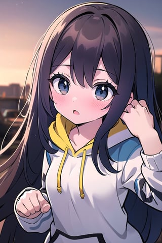 hd, HDR, UHD, 4k, 2k, 6k, 8k, ultra HD, high graphics, best graphics, highest quality, best quality, ultra quality, stunning details, adult, 1girl, dark brown hair, long hair, bushy hair, dark blue eyes, long dark brown hair, wearing all black drawstring hoodie, long_hair, longhair, bushy hair