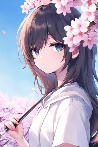 hd, HDR, UHD, 4k, 2k, 6k, 8k, ultra HD, high graphics, best graphics, highest quality, best quality, ultra quality, (((masterpiece))), (((best quality))), ((ultra-detailed)), (illustration), (detailed light), an extremely delicate and beautiful, beautiful detailed eyes, sunlight, cherry blossoms, Ishimi, zoomed out, cropped hoodie