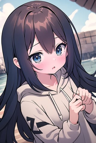 hd, HDR, UHD, 4k, 2k, 6k, 8k, ultra HD, high graphics, best graphics, highest quality, best quality, ultra quality, stunning details, adult, 1girl, dark brown hair, long hair, bushy hair, dark blue eyes, long dark brown hair, wearing all black drawstring hoodie, long_hair, longhair, bushy hair, :)