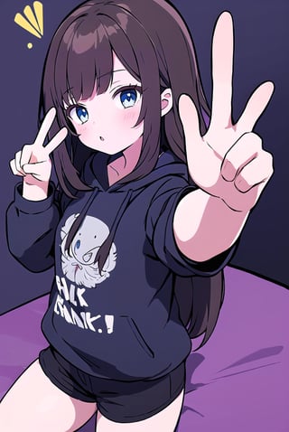 adult, 1girl, dark brown hair, long hair, bushy hair, dark blue eyes, long dark brown hair, wearing all black drawstring hoodie, black shorts, peace sign, peace pose, peace